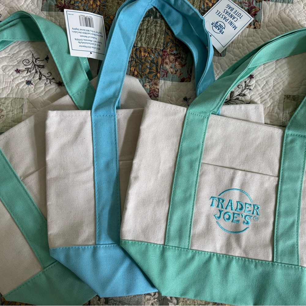 3 Trader Joe's Canvas Tote Bags green and blue